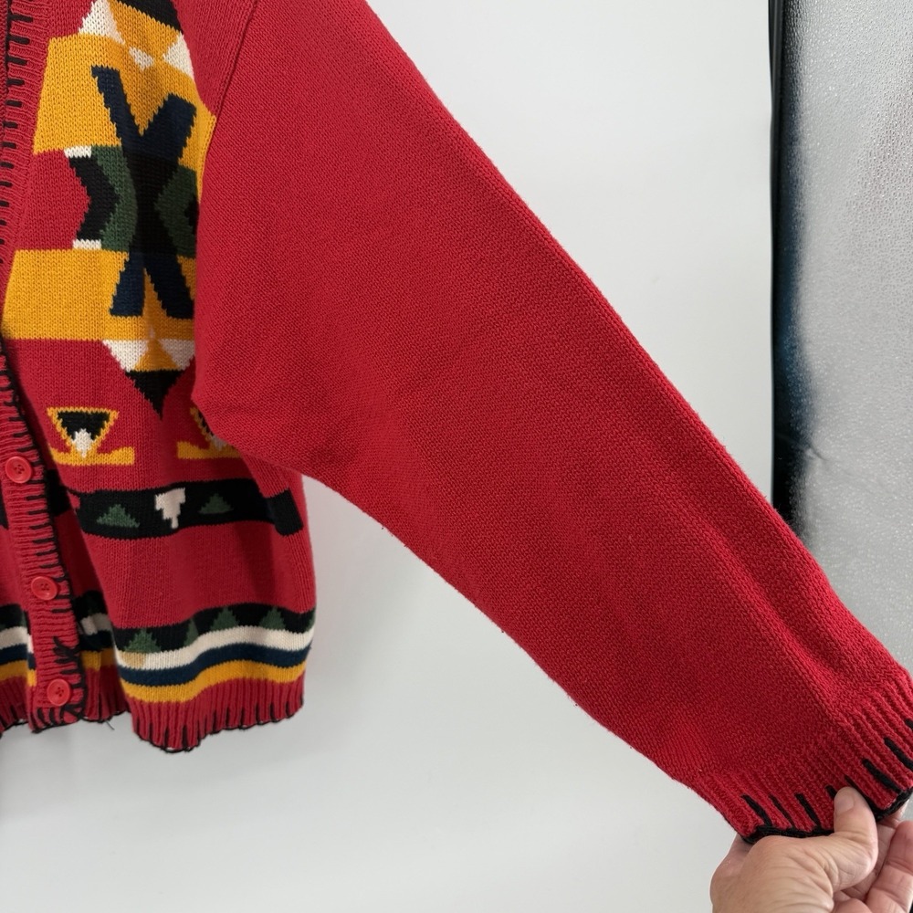 Beyond Blue VTG 90s Women's Sz L Southwestern Aztec Cardigan Sweater Red Cotton - Picture 2 of 11